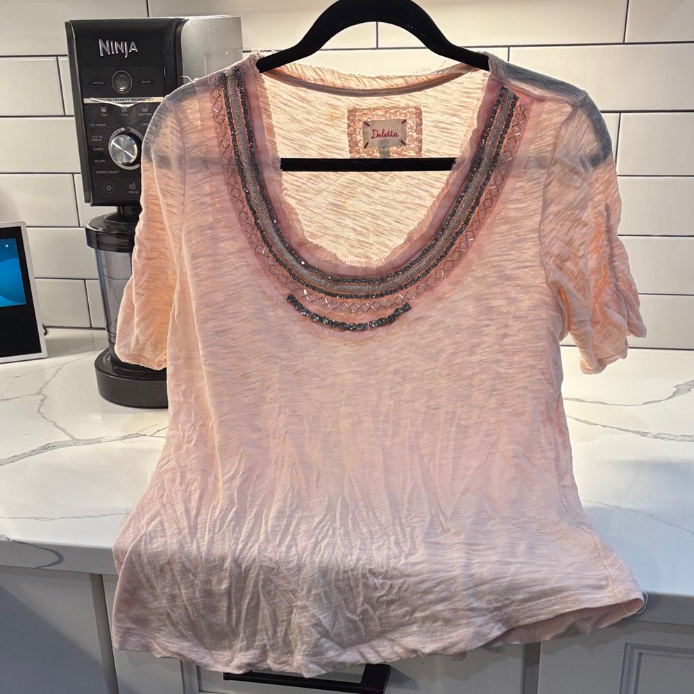 Anthropology Peach Beaded Short Sleeve Top